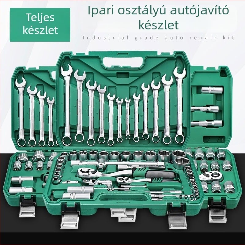 Autójavító szerszámkészlet dugókulccsal és recsegővel, szerszám-dobozban (mechanikai javításokra)