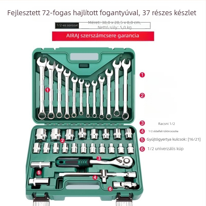Autójavító szerszámkészlet dugókulccsal és recsegővel, szerszám-dobozban (mechanikai javításokra)