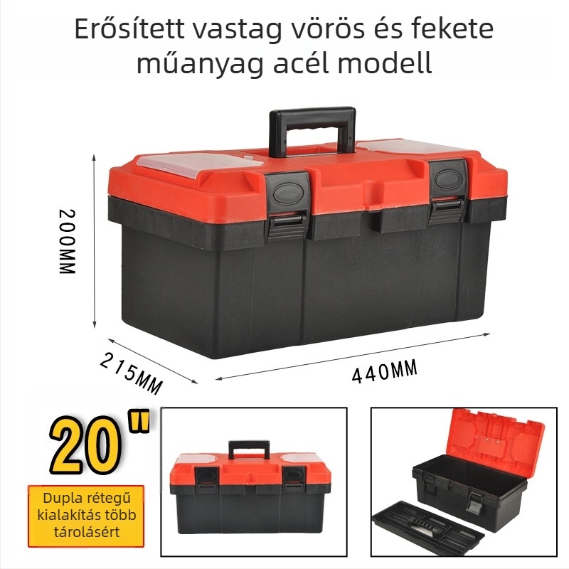 Műanyag szerszámosláda két rétegű megerősített konstrukcióval, 30 kg teherbírás — otthoni, műhelyi tárolás és karbantartás