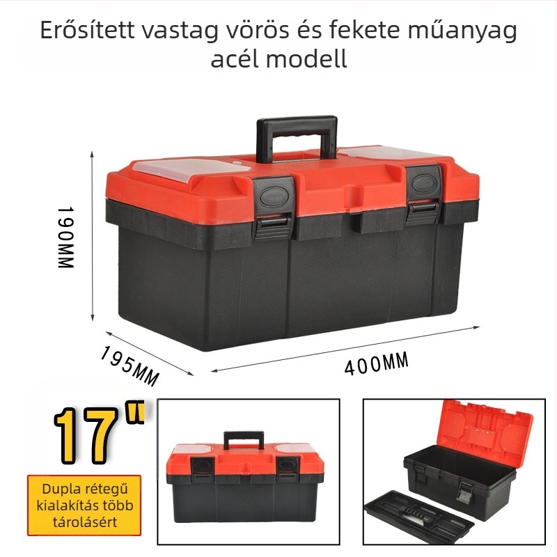 Műanyag szerszámosláda két rétegű megerősített konstrukcióval, 30 kg teherbírás — otthoni, műhelyi tárolás és karbantartás