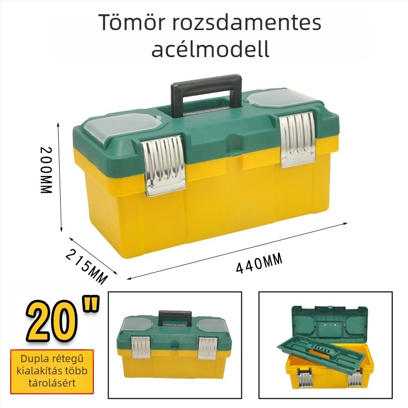 Műanyag szerszámosláda két rétegű megerősített konstrukcióval, 30 kg teherbírás — otthoni, műhelyi tárolás és karbantartás
