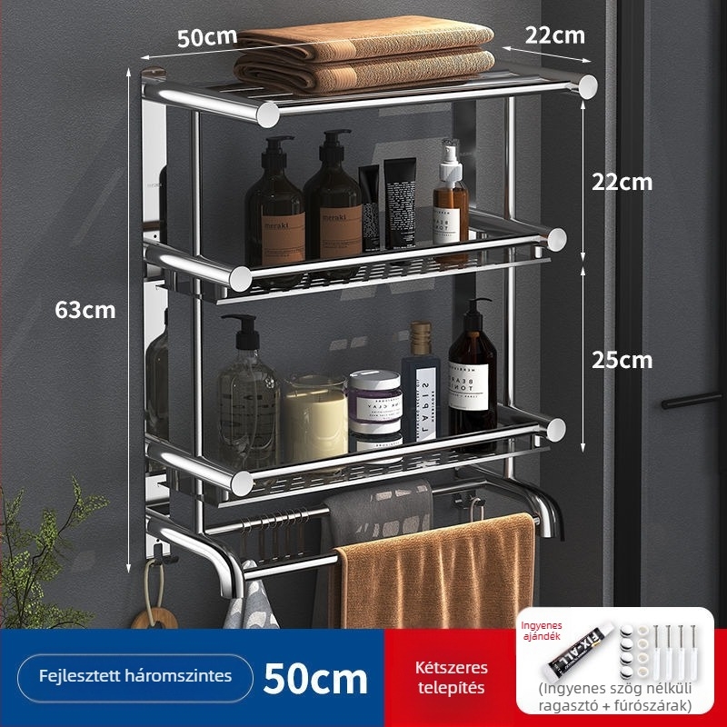 304 rozsdamentes acél törölközőtartó, fúrás nélkül, 2 réteg, fürdőszoba, teherbírás 60 kg