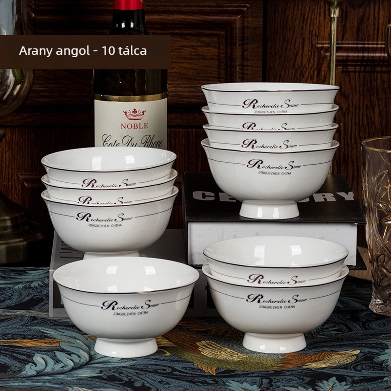 Porcelán tálak készlete, mikrohullámú sütőhöz használható, kör alakú, modern minimalista stílus, logó nyomtatva.