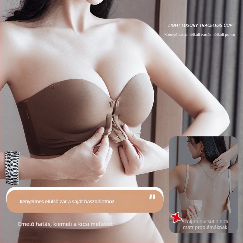 Pántnélküli push-up melltartó elülső záródással, láthatatlan a ruhák alatt, nylon külső, formázott pamutkosár