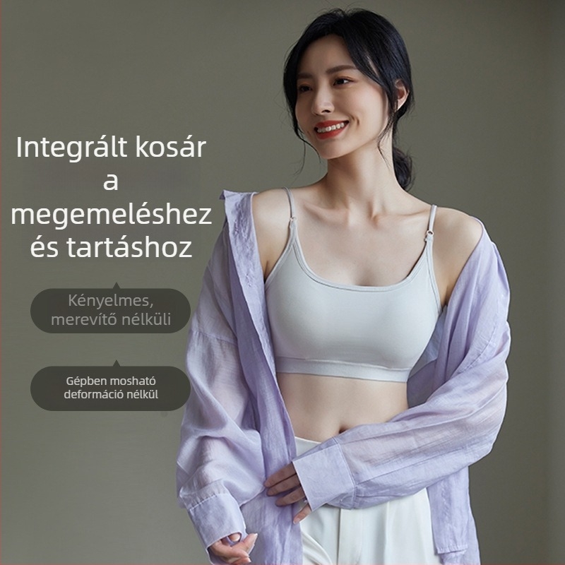 Pamutból készült, váll nélküli melltartó mellpárnával, hátformázó, merevítő nélkül, vékony pántok, teljes kosár