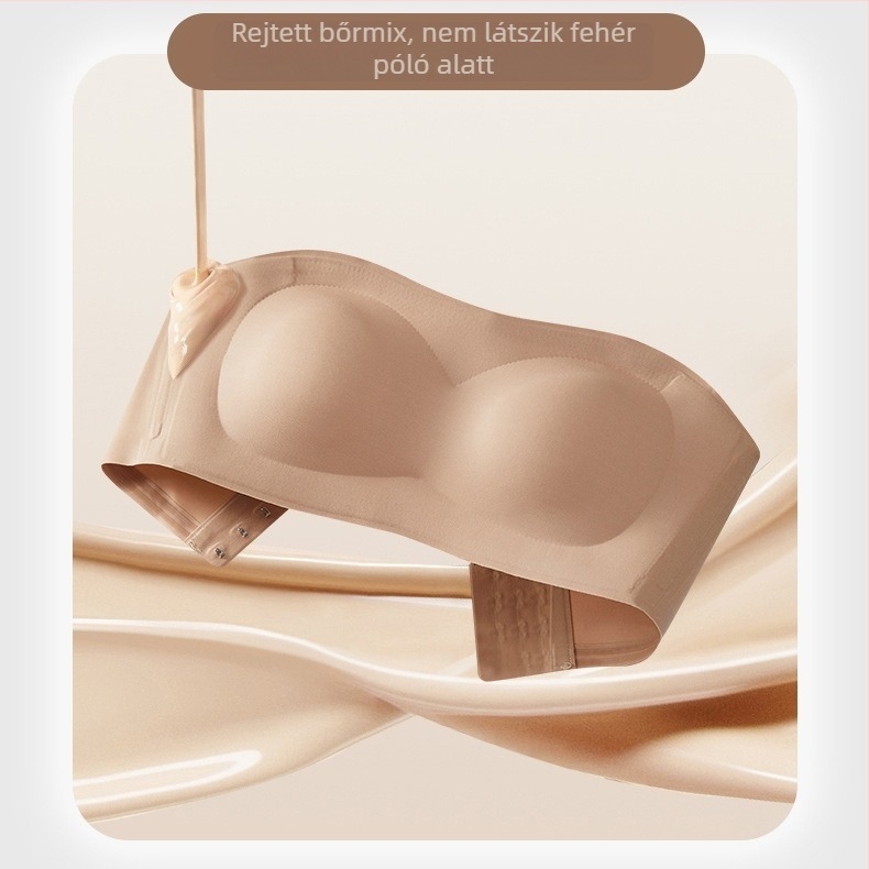 Csőtopos, vállpánt nélküli push-up melltartó anti-slip technológiával, varrás nélküli hátsó rész, lélegző nylon-lycra anyag, bélés 70–80% elasztán