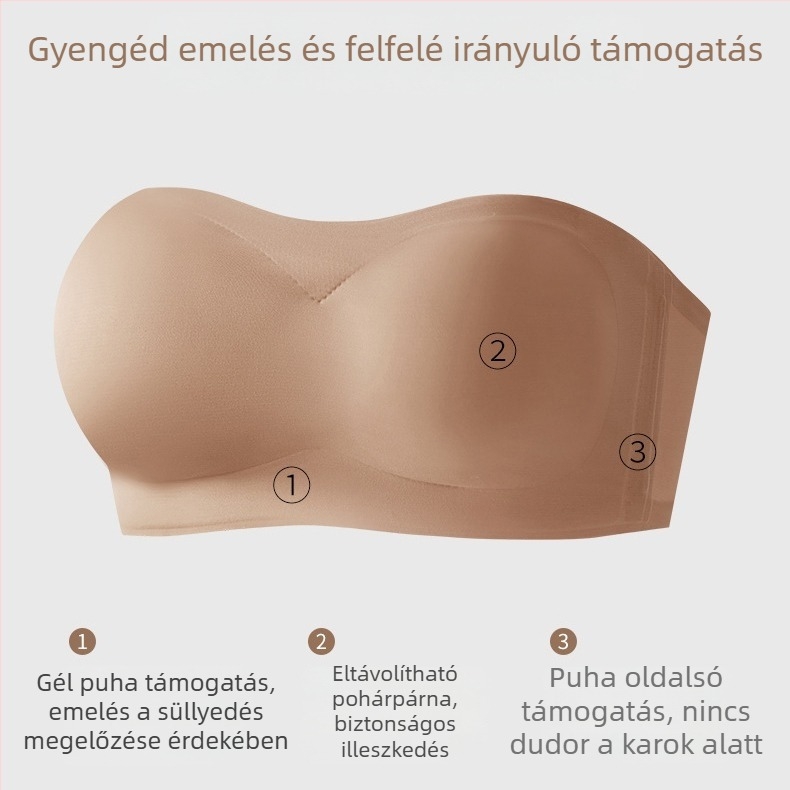 Csőtopos, vállpánt nélküli push-up melltartó anti-slip technológiával, varrás nélküli hátsó rész, lélegző nylon-lycra anyag, bélés 70–80% elasztán