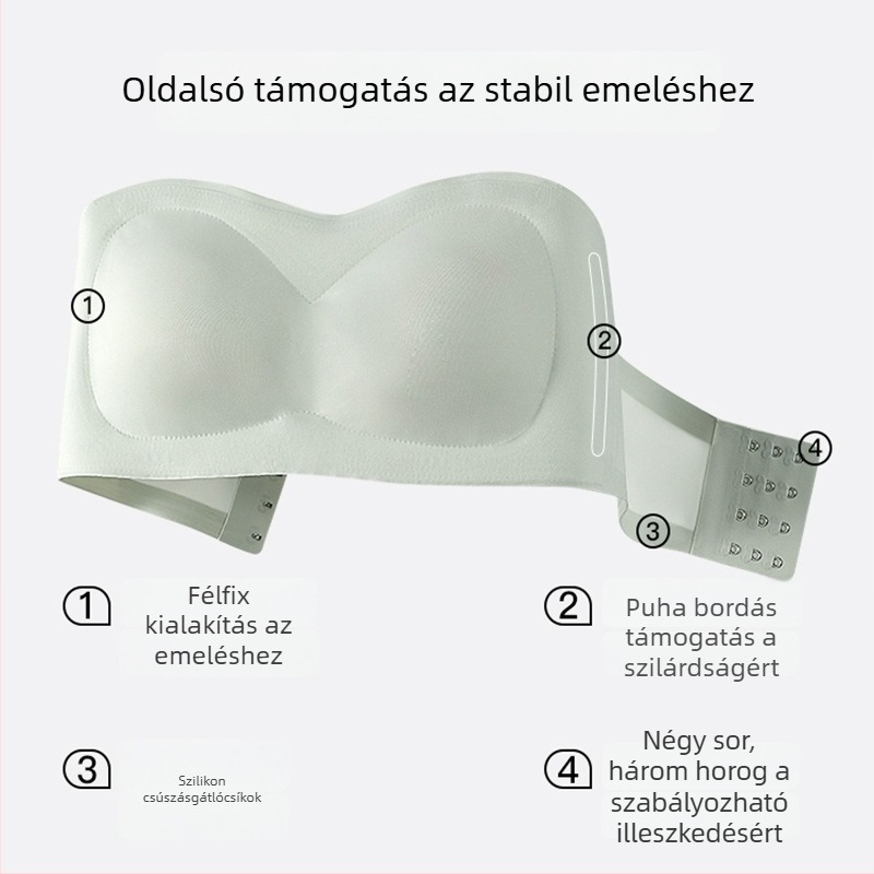 Csőtopos, vállpánt nélküli push-up melltartó anti-slip technológiával, varrás nélküli hátsó rész, lélegző nylon-lycra anyag, bélés 70–80% elasztán
