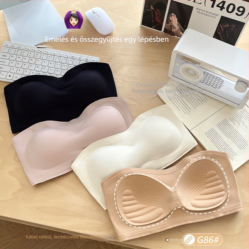 Csőtopos, vállpánt nélküli push-up melltartó anti-slip technológiával, varrás nélküli hátsó rész, lélegző nylon-lycra anyag, bélés 70–80% elasztán