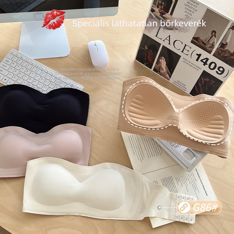 Csőtopos, vállpánt nélküli push-up melltartó anti-slip technológiával, varrás nélküli hátsó rész, lélegző nylon-lycra anyag, bélés 70–80% elasztán