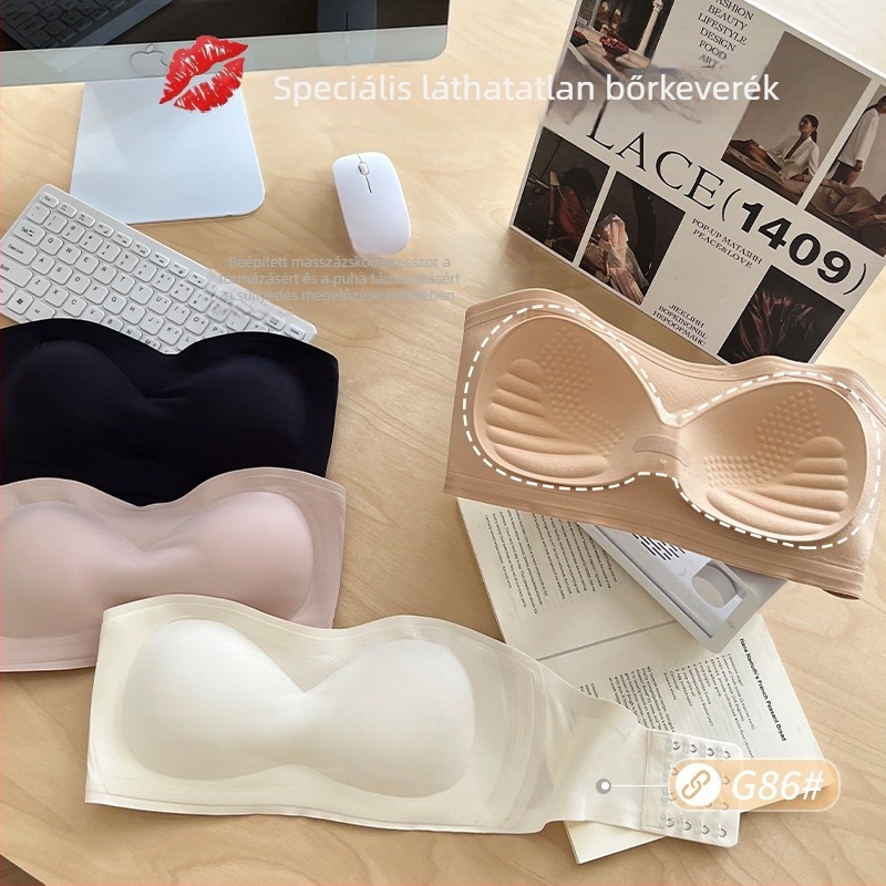 Csőtopos, vállpánt nélküli push-up melltartó anti-slip technológiával, varrás nélküli hátsó rész, lélegző nylon-lycra anyag, bélés 70–80% elasztán