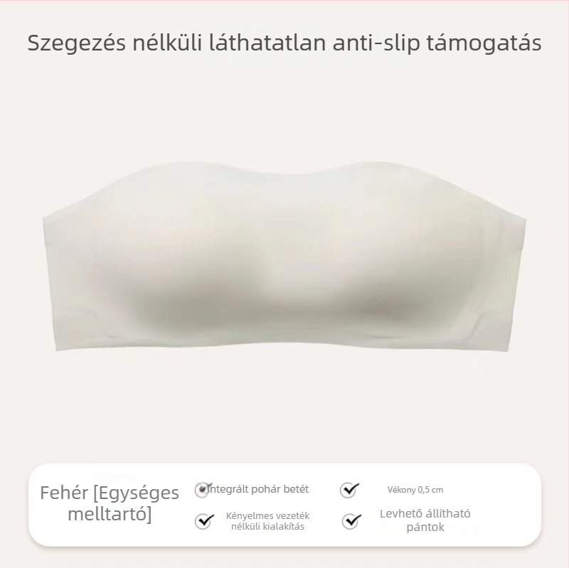 Váll nélküli, észrevehetetlen push-up melltartó kis mellre, kosárméret 1/2, nejlon anyag, acél gyűrű nélkül, hátul három soros csat