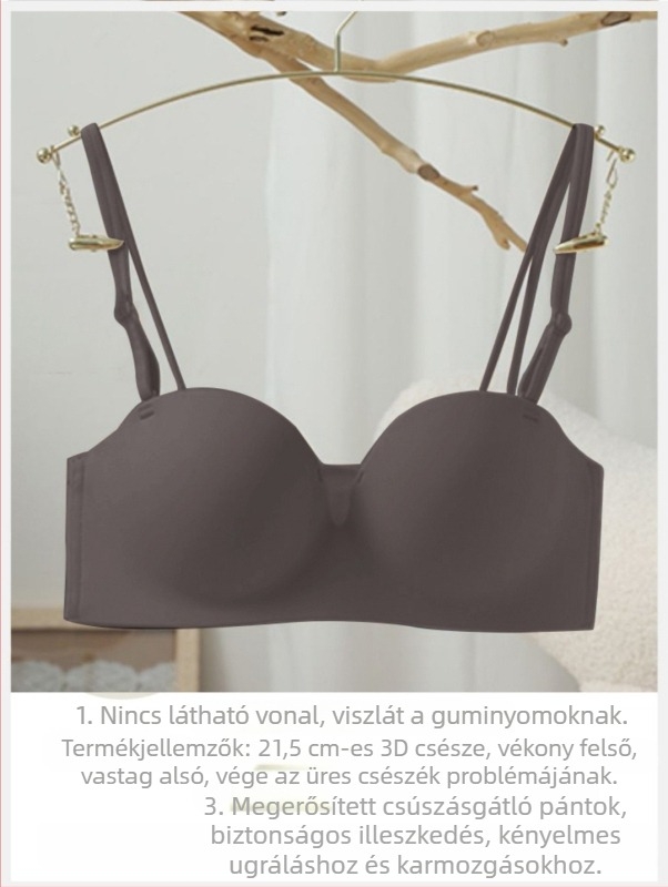Pánt nélküli melltartó hálós anyagból, csúszásmentes, varrat nélküli, szabályozható levehető pántokkal, push-up hatás, szép hátsó rész