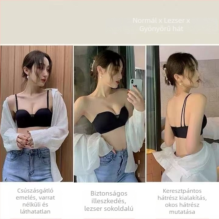 Pánt nélküli melltartó hálós anyagból, csúszásmentes, varrat nélküli, szabályozható levehető pántokkal, push-up hatás, szép hátsó rész
