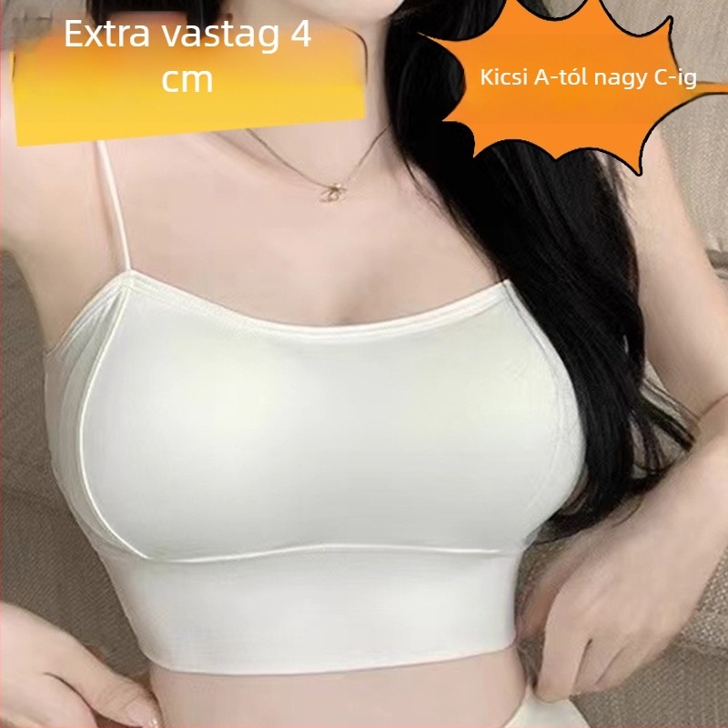 4 cm vastag, megvastagított melltartópárna, vállpánt nélküli, fémdísz nélkül, átlátszatlanság elleni védelem, jég-selyem anyagú top, hátsó U-formájú kivágással, külső viselésre