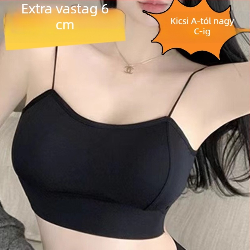 4 cm vastag, megvastagított melltartópárna, vállpánt nélküli, fémdísz nélkül, átlátszatlanság elleni védelem, jég-selyem anyagú top, hátsó U-formájú kivágással, külső viselésre
