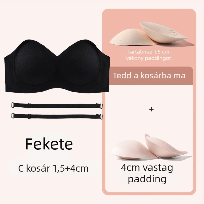 Váll nélküli melltartó kis mellemhez, csúszásmentes, push-up hatás, 3/4 kosár, levehető pántok, varrat nélküli nejlon