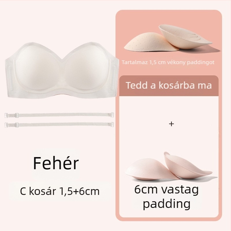 Váll nélküli melltartó kis mellemhez, csúszásmentes, push-up hatás, 3/4 kosár, levehető pántok, varrat nélküli nejlon
