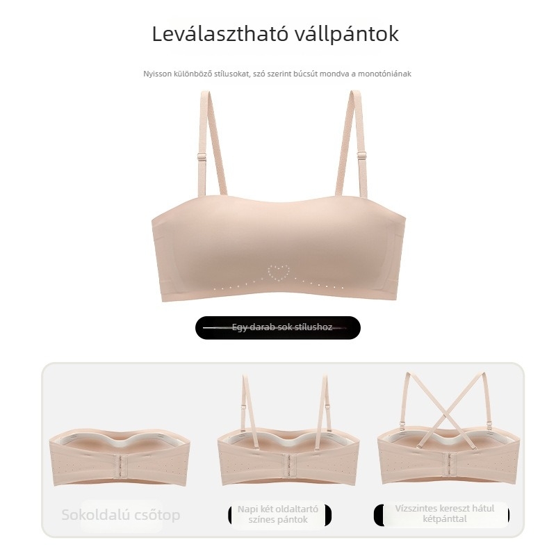 Váll nélküli, varrás nélküli Bandeau melltartó, 3/4 kosár, vékony formázott kosár, acélgyűrű nélkül, csúszásmentes, kényelmes nylon