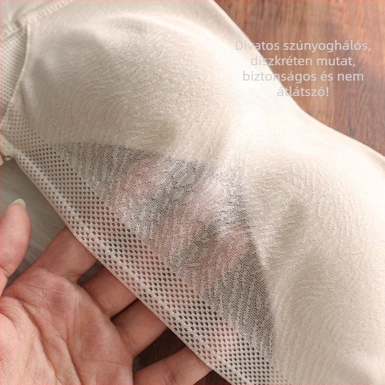 Vállpánt nélküli, varrat nélküli, vezeték nélküli melltartó fedésért összegző hatással; fő anyag: nylon, bélés spandex 70–80%; formázott kosár, felső rész vékony, alsó rész vastag