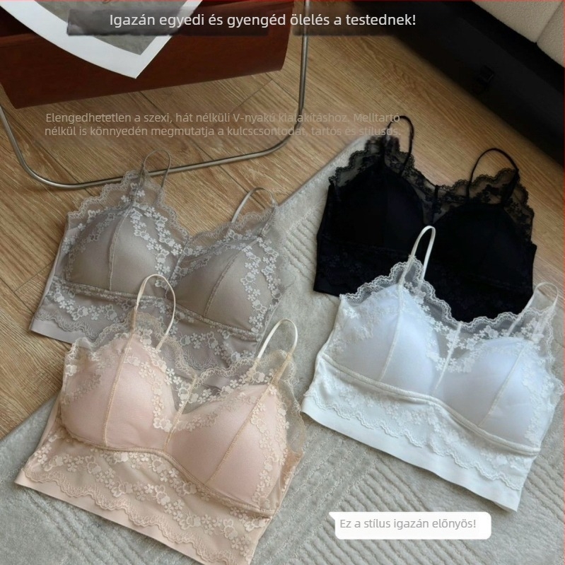 Csipkés, váll nélküli melltartó, nyitott hátsó résszel, varrás nélküli kivitelezés, Ice Silk anyag, U‑formájú dizájn