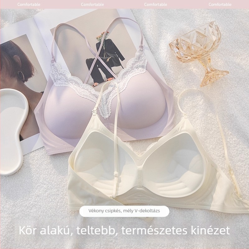 Nyári varrás nélküli melltartó kis mellekhez, szép hátsó rész, keresztezett nyakpánt, vékony vállpántok, láthatatlan ruhák alatt, 3/4 kosár, acélmerevítés nélkül