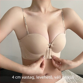 Elől csatos, vállpánt nélküli melltartó, vastag formázott kosarakkal, levehető dupla vállpántokkal, láthatatlan