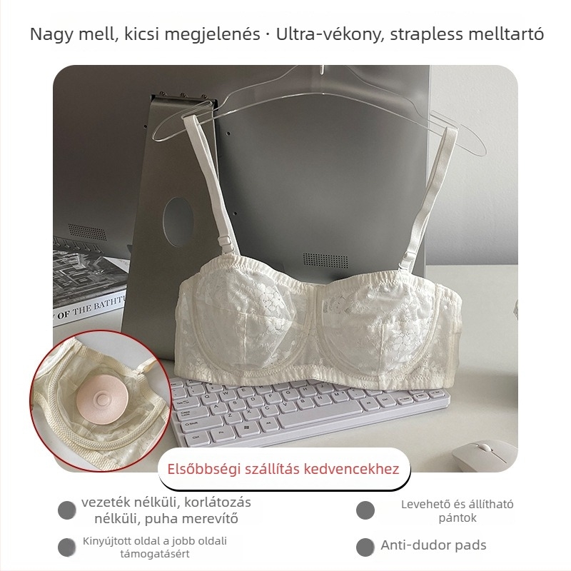 Csipkés váll nélküli melltartó puha acélgyűrűvel, ultra vékony formázott kosarakkal, levehető dupla vállpántokkal