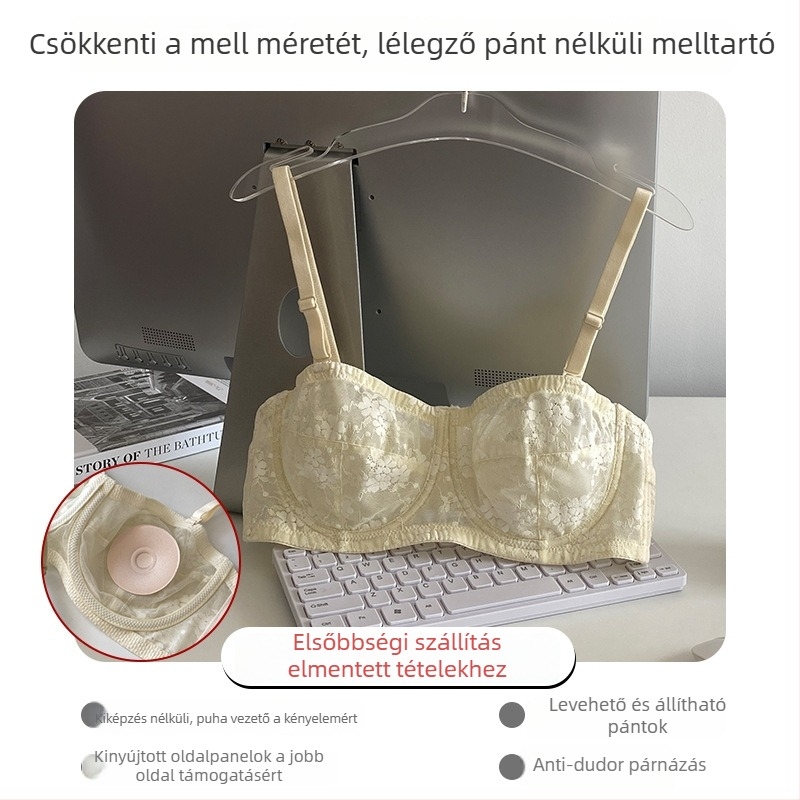 Csipkés váll nélküli melltartó puha acélgyűrűvel, ultra vékony formázott kosarakkal, levehető dupla vállpántokkal
