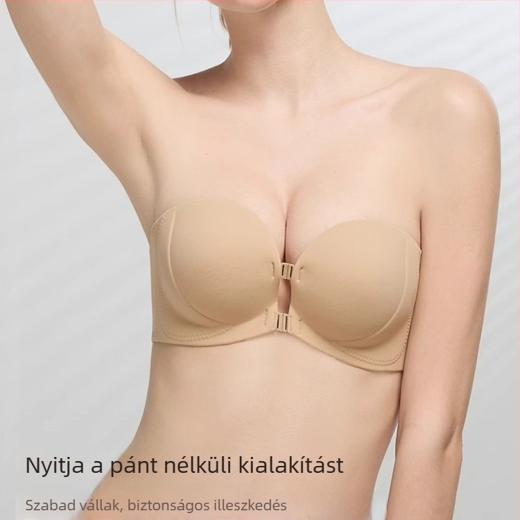Vállpánt nélküli melltartó elülső csattal, Push-Up, 3/4 kosár, Levehető dupla vállpántok