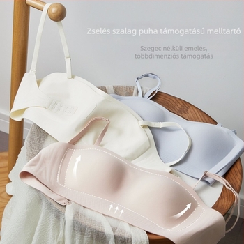 Nedekorált melltartó zselés szalaggal, puha támogatás, lélegző nejlon kosarak, levehető vállpántok, U-alakú hátsó rész, hátul négy soros zár, vizuálisan kicsinyíti a nagy melleket
