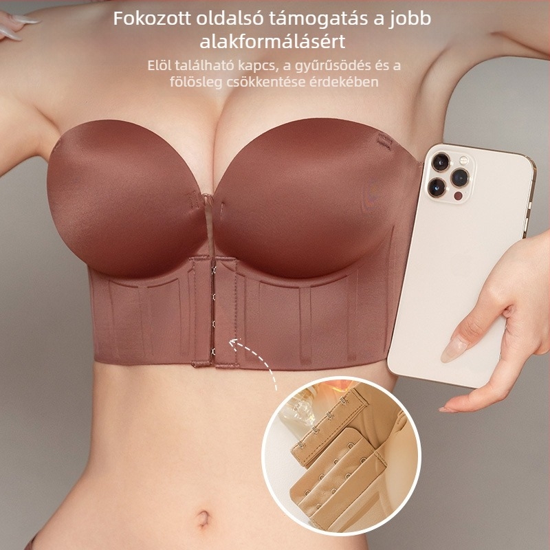 Láthatatlan melltartó elülső csatolással; vastag formázott kosarak; 3/4 kosár; levehető dupla vállpántok; nylon anyag