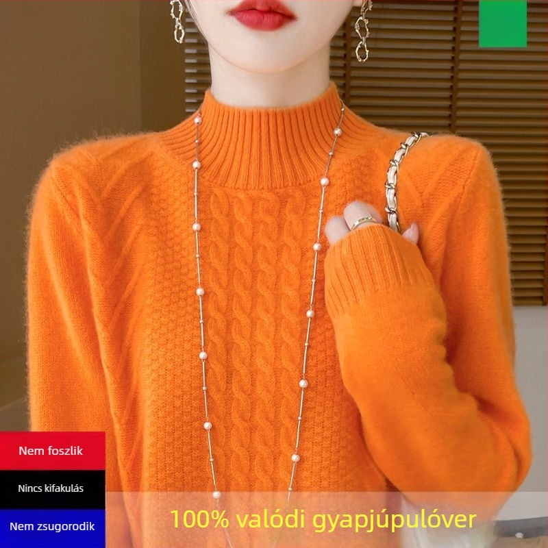 Női kötött pulóver — félmagas gallér, ujjak hercegnő-stílusú, Ice Silk és poliészter anyag, normál vastagság, pulóver, 2025 tavasz