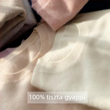 Női 100% gyapjú kötött pulóver, egyszínű, lazán szabott, kerek nyakú