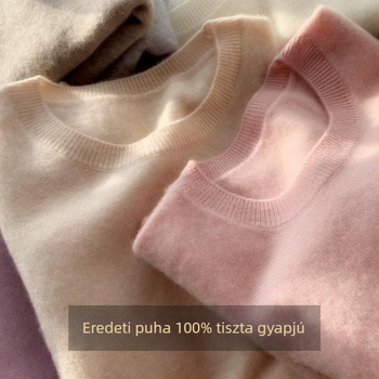 Női 100% gyapjú kötött pulóver, egyszínű, lazán szabott, kerek nyakú