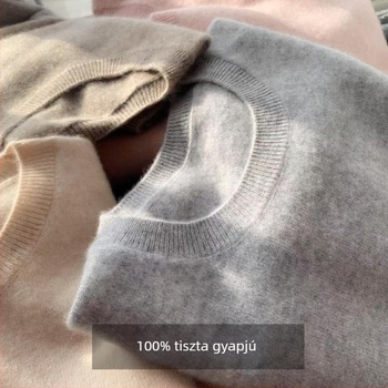 Női 100% gyapjú kötött pulóver, egyszínű, lazán szabott, kerek nyakú