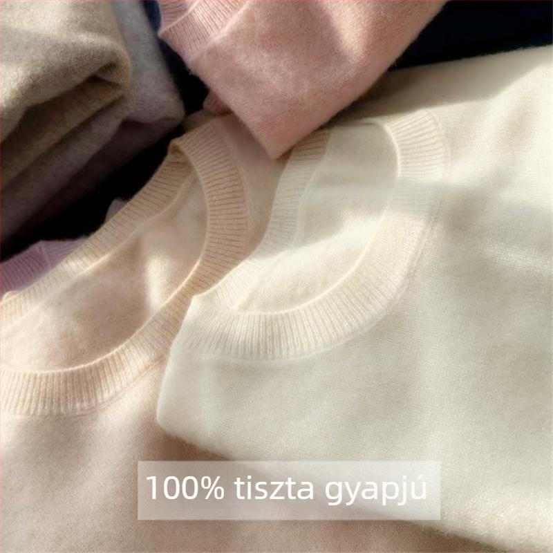 Női 100% gyapjú kötött pulóver, egyszínű, lazán szabott, kerek nyakú