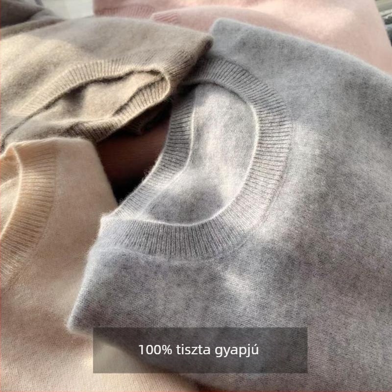 Női 100% gyapjú kötött pulóver, egyszínű, lazán szabott, kerek nyakú