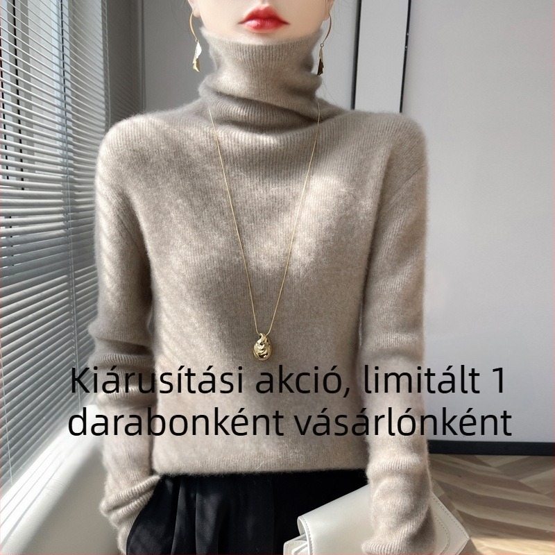 Gyapjú kötött pulóver fél magas nyakú gallérral, egyszínű, hosszú ujjú, 30–50% gyapjú