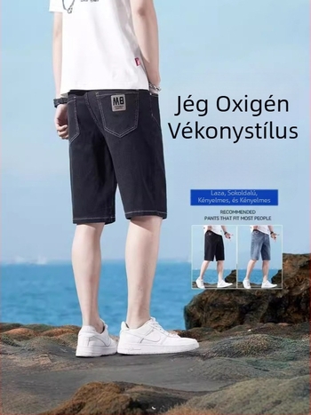 Férfi denim rövidnadrág, egyenes szabás, térd közeli hossz, poliészter anyag 35–50% tartalom, mikroelasztikus