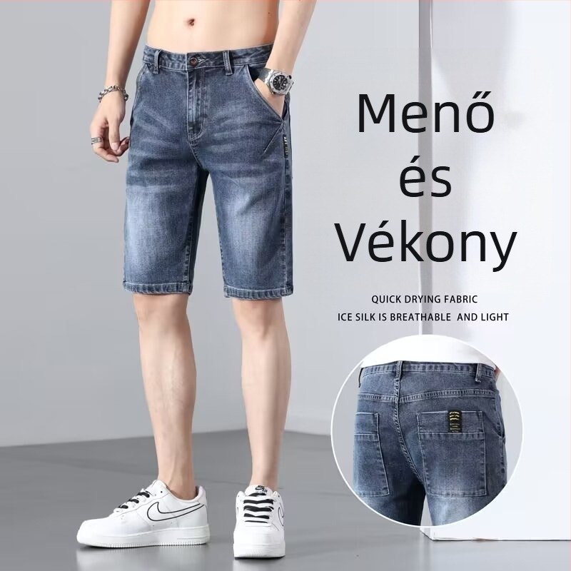 Férfi egyenes szabású farmer short, könnyű Modal anyag, középmagas derék, cipzár és patent, kézzel festett dizájn