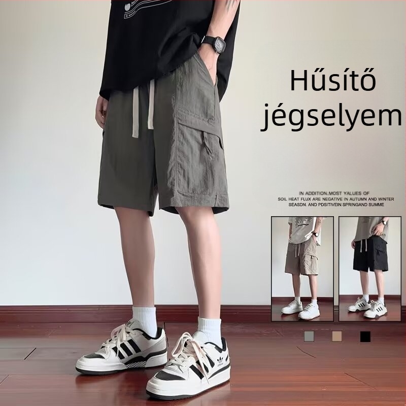 Férfi cargo rövidnadrág, lazább szabás, koreai stílus, poliészter, nyár