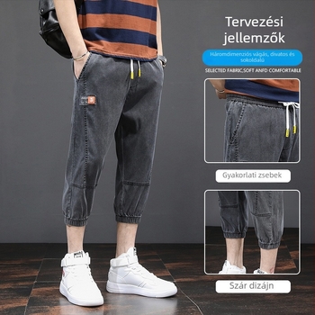 Férfi cropped denim rövidnadrág, egyenes szabás, laza illeszkedés, Lyocell 70%, középmagas derék, több zseb, mosás