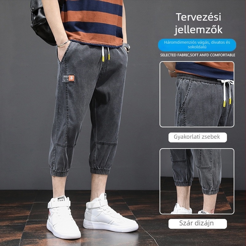 Férfi cropped denim rövidnadrág, egyenes szabás, laza illeszkedés, Lyocell 70%, középmagas derék, több zseb, mosás
