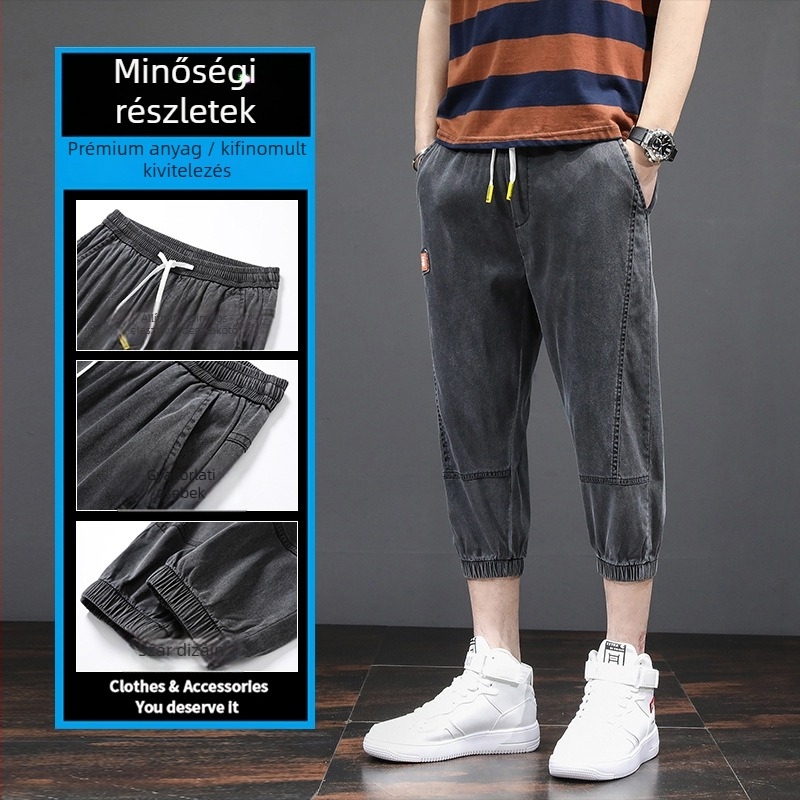 Férfi cropped denim rövidnadrág, egyenes szabás, laza illeszkedés, Lyocell 70%, középmagas derék, több zseb, mosás