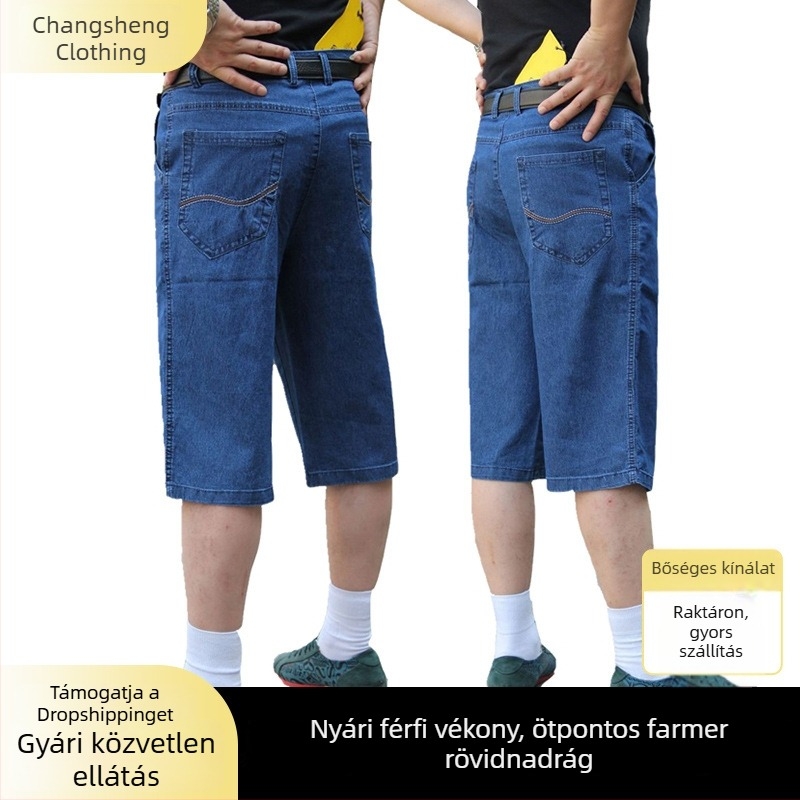 Férfiak magas derekú denim rövidnadrág, egyenes szabás, nyári könnyű viselet