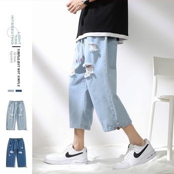 Férfi cropped denim nadrág, középmagasságú derekú, egyenes szár, 70% pamut