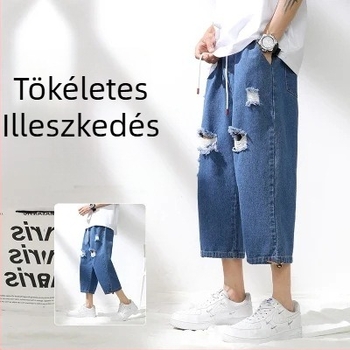 Férfi cropped denim nadrág, középmagasságú derekú, egyenes szár, 70% pamut