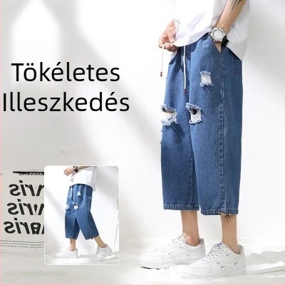 Férfi cropped denim nadrág, középmagasságú derekú, egyenes szár, 70% pamut