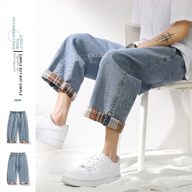 Férfi cropped denim nadrág, középmagasságú derekú, egyenes szár, 70% pamut